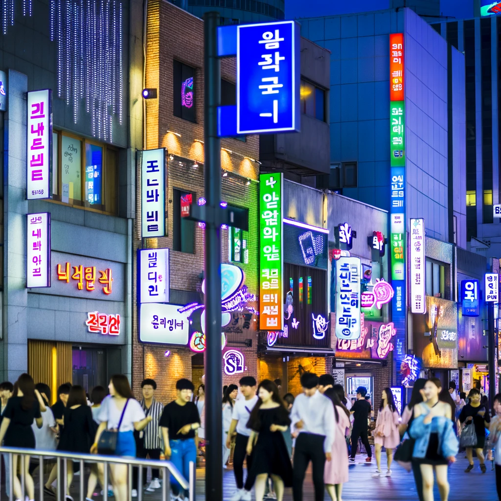 DALL·E 2024-04-24 22.03.53 - A lively nightlife scene in Daejeon, South Korea, depicting a busy street filled with neon li.webp